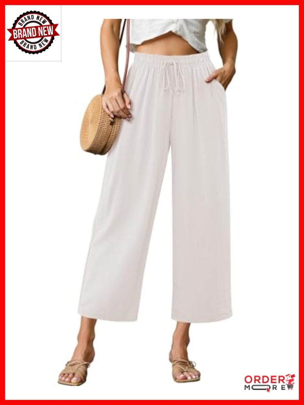 Linen High Waisted Wide Leg Capri Pants Elastic Waist Cropped Casual